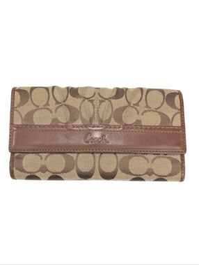 Coach Tan Signature Canvas Jacquard Leather Pleated Folding Envelope Wallet